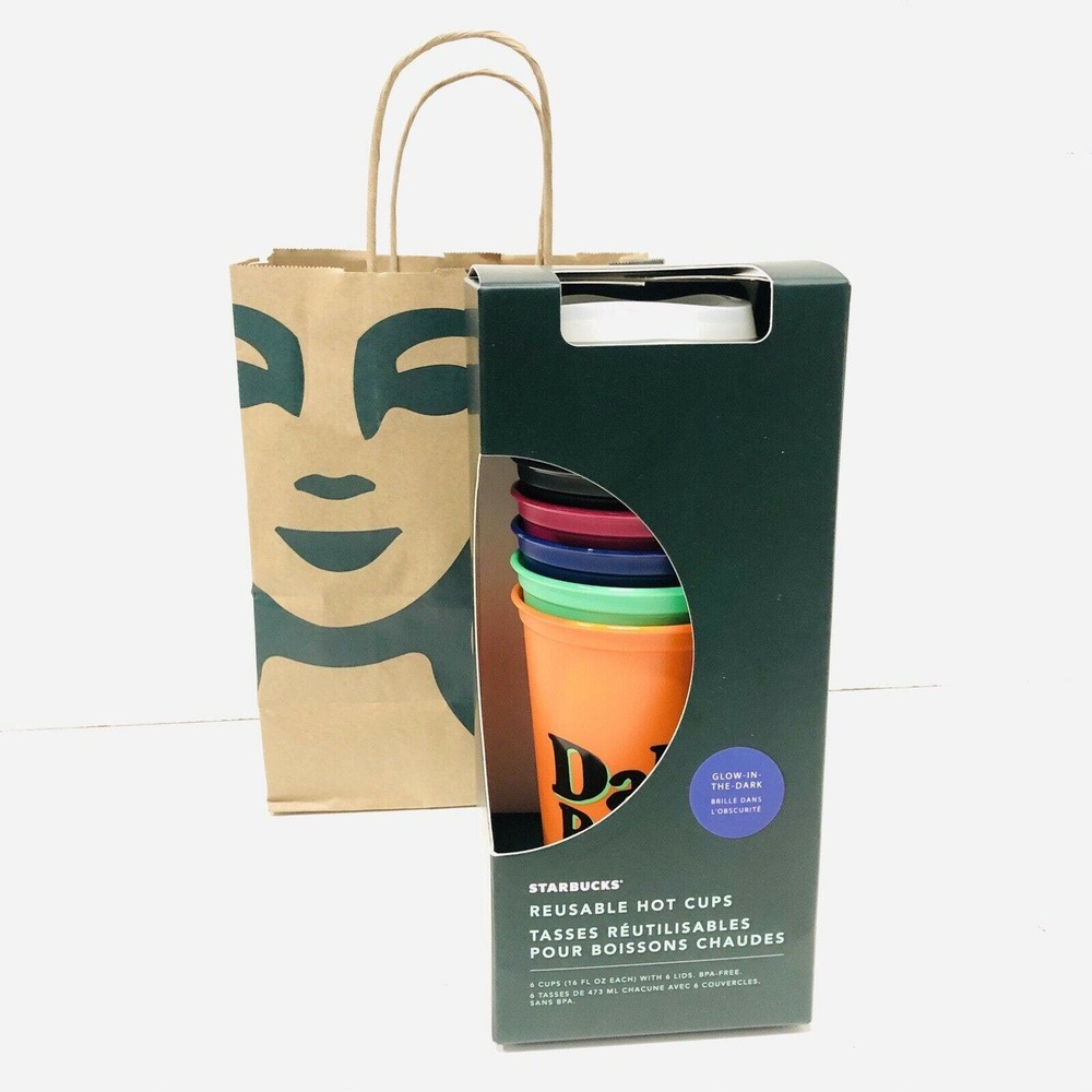 Starbucks 2020 Halloween Glow In The Dark 16oz Reusable Hot Cup & Lid 6 Set NEW